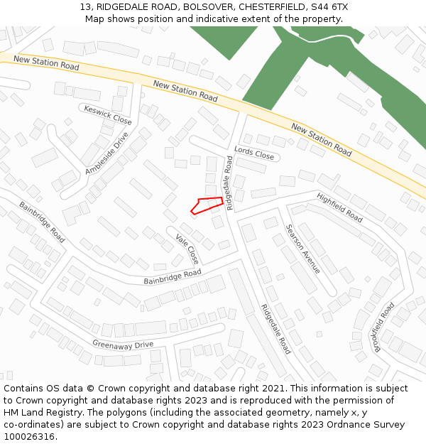 13, RIDGEDALE ROAD, BOLSOVER, CHESTERFIELD, S44 6TX: Location map and indicative extent of plot