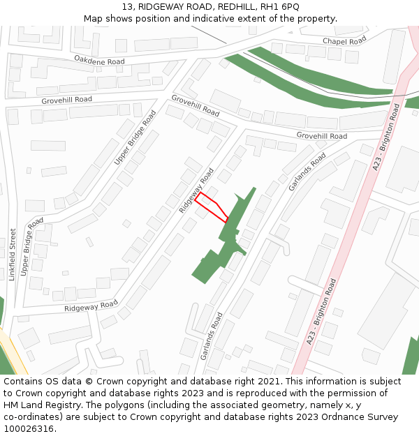 13, RIDGEWAY ROAD, REDHILL, RH1 6PQ: Location map and indicative extent of plot