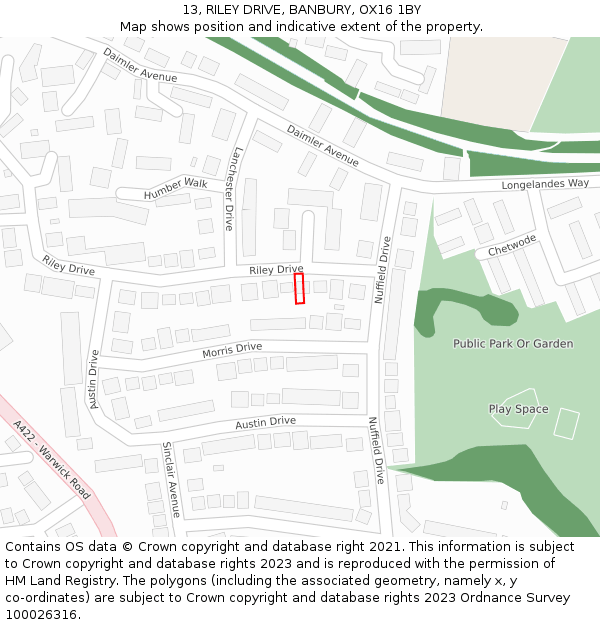 13, RILEY DRIVE, BANBURY, OX16 1BY: Location map and indicative extent of plot