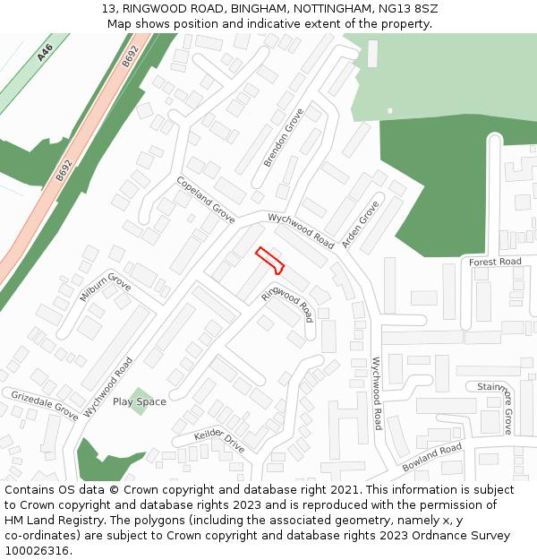 13, RINGWOOD ROAD, BINGHAM, NOTTINGHAM, NG13 8SZ: Location map and indicative extent of plot