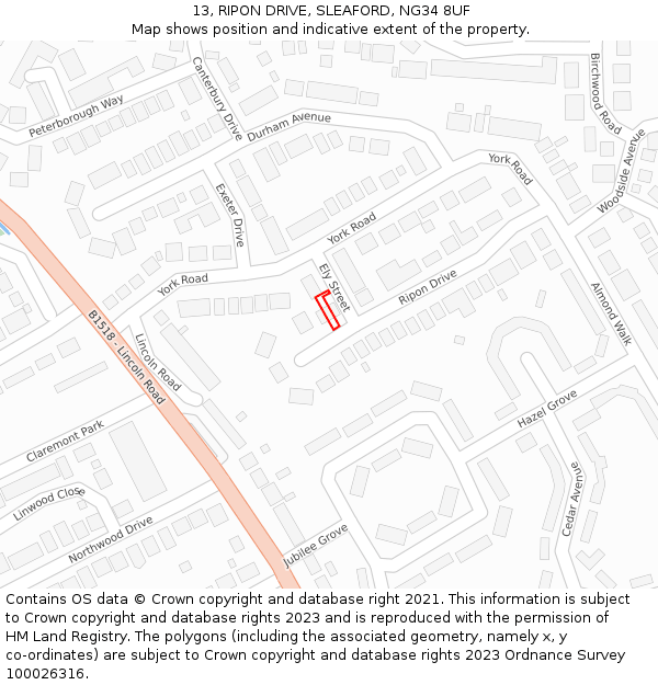 13, RIPON DRIVE, SLEAFORD, NG34 8UF: Location map and indicative extent of plot
