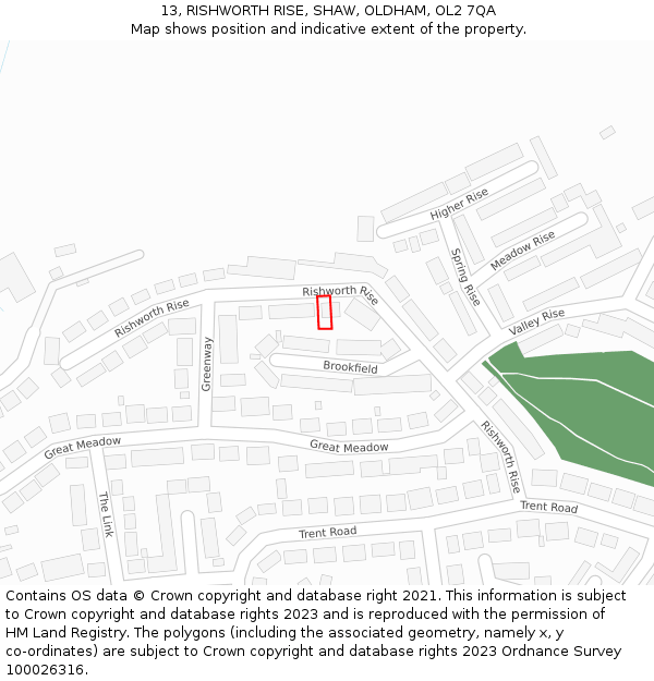 13, RISHWORTH RISE, SHAW, OLDHAM, OL2 7QA: Location map and indicative extent of plot