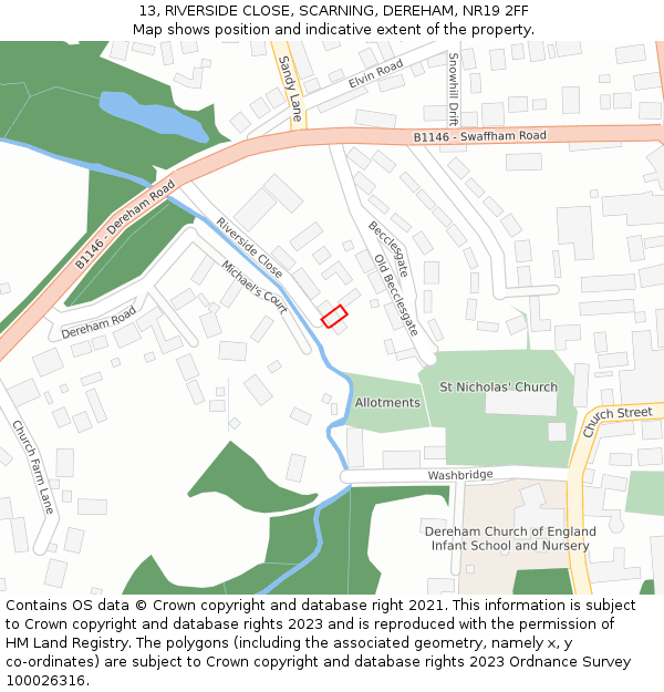 13, RIVERSIDE CLOSE, SCARNING, DEREHAM, NR19 2FF: Location map and indicative extent of plot