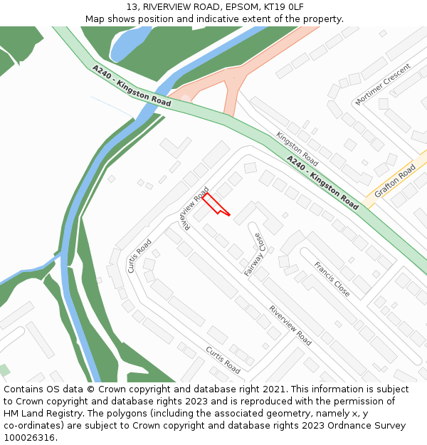 13, RIVERVIEW ROAD, EPSOM, KT19 0LF: Location map and indicative extent of plot
