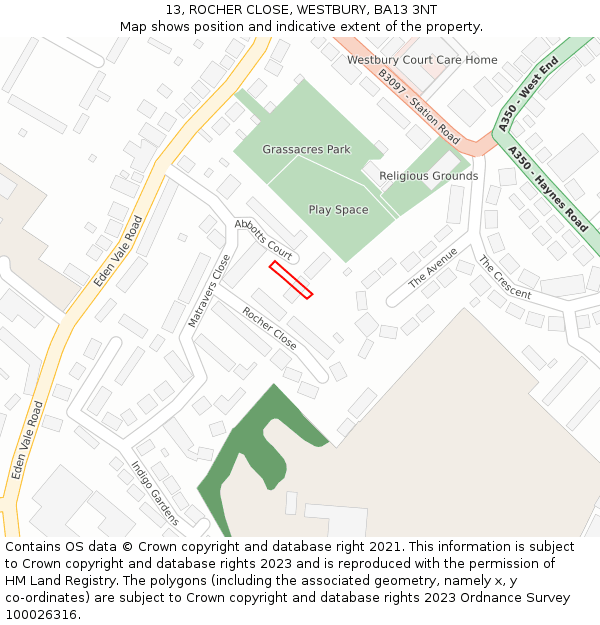 13, ROCHER CLOSE, WESTBURY, BA13 3NT: Location map and indicative extent of plot