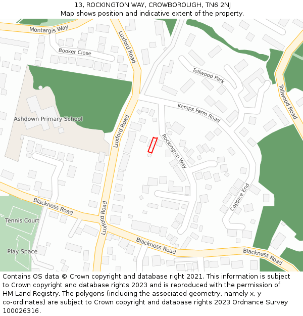 13, ROCKINGTON WAY, CROWBOROUGH, TN6 2NJ: Location map and indicative extent of plot