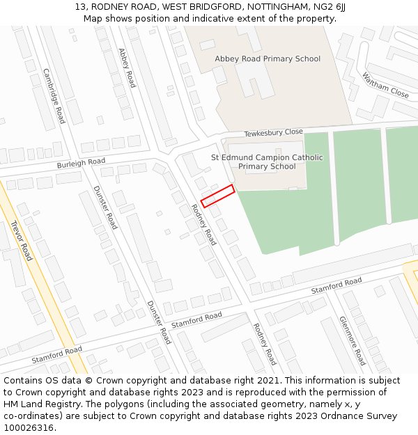 13, RODNEY ROAD, WEST BRIDGFORD, NOTTINGHAM, NG2 6JJ: Location map and indicative extent of plot