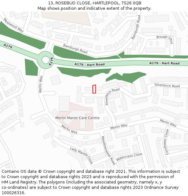 13, ROSEBUD CLOSE, HARTLEPOOL, TS26 0QB: Location map and indicative extent of plot