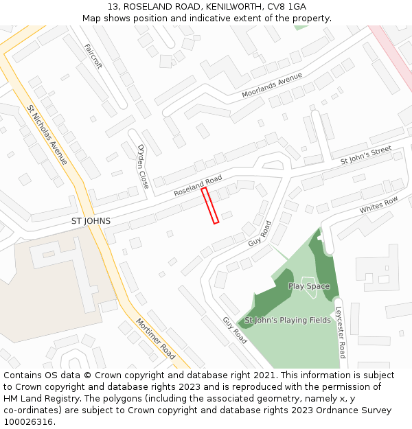 13, ROSELAND ROAD, KENILWORTH, CV8 1GA: Location map and indicative extent of plot