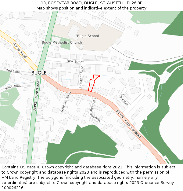 13, ROSEVEAR ROAD, BUGLE, ST. AUSTELL, PL26 8PJ: Location map and indicative extent of plot