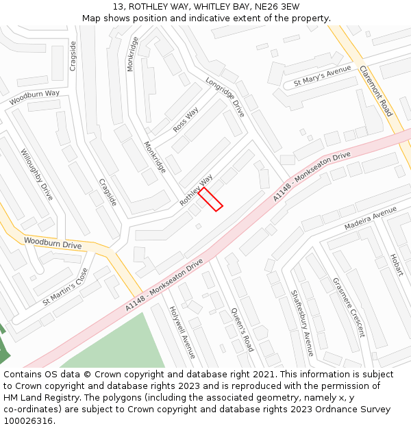 13, ROTHLEY WAY, WHITLEY BAY, NE26 3EW: Location map and indicative extent of plot