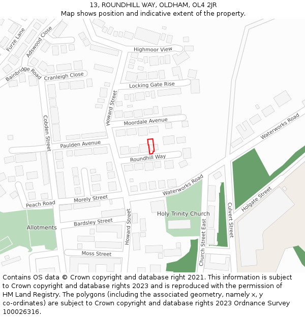 13, ROUNDHILL WAY, OLDHAM, OL4 2JR: Location map and indicative extent of plot