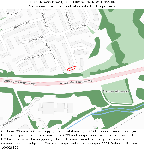 13, ROUNDWAY DOWN, FRESHBROOK, SWINDON, SN5 8NT: Location map and indicative extent of plot