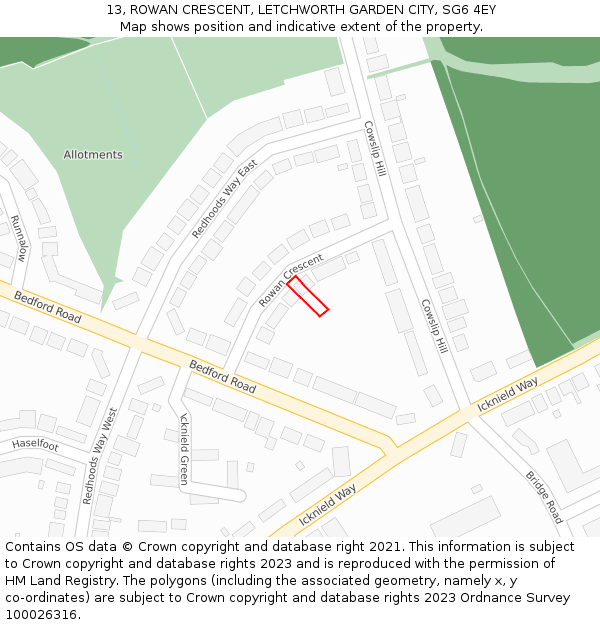 13, ROWAN CRESCENT, LETCHWORTH GARDEN CITY, SG6 4EY: Location map and indicative extent of plot