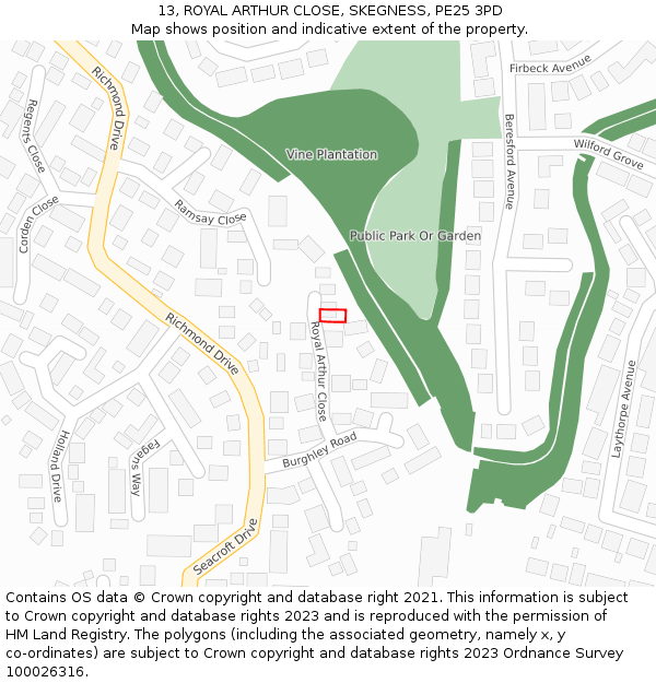 13, ROYAL ARTHUR CLOSE, SKEGNESS, PE25 3PD: Location map and indicative extent of plot