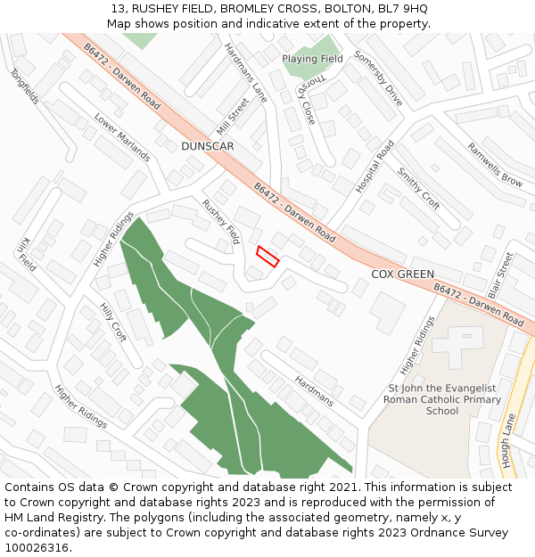13, RUSHEY FIELD, BROMLEY CROSS, BOLTON, BL7 9HQ: Location map and indicative extent of plot