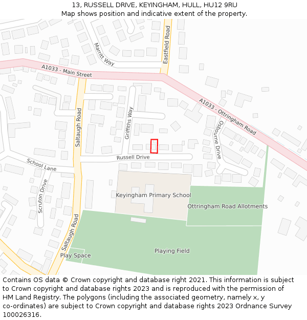 13, RUSSELL DRIVE, KEYINGHAM, HULL, HU12 9RU: Location map and indicative extent of plot