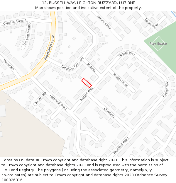 13, RUSSELL WAY, LEIGHTON BUZZARD, LU7 3NE: Location map and indicative extent of plot