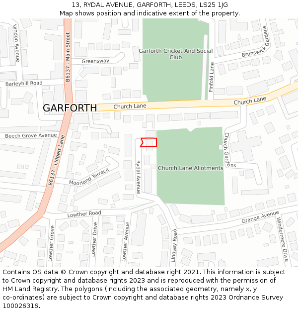 13, RYDAL AVENUE, GARFORTH, LEEDS, LS25 1JG: Location map and indicative extent of plot