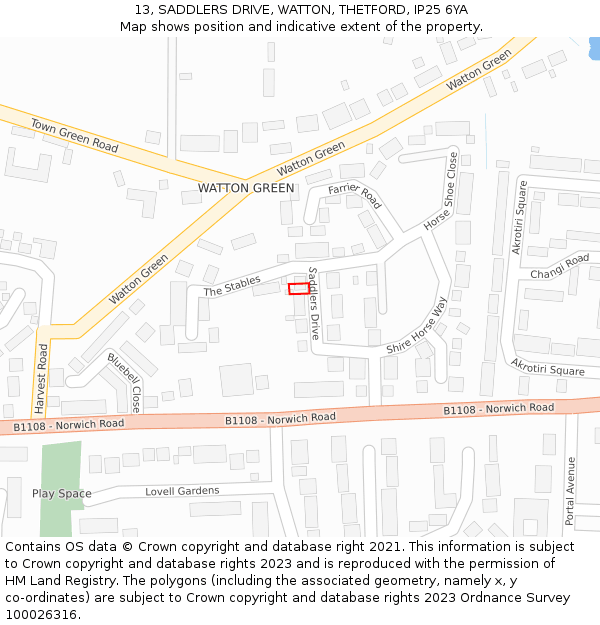 13, SADDLERS DRIVE, WATTON, THETFORD, IP25 6YA: Location map and indicative extent of plot