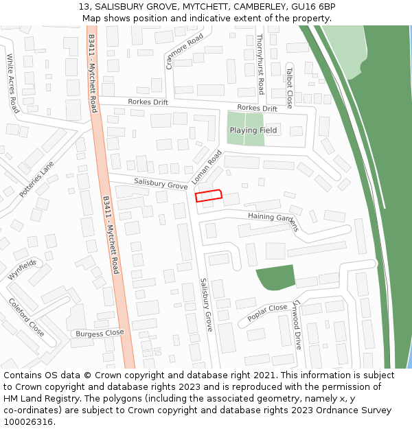 13, SALISBURY GROVE, MYTCHETT, CAMBERLEY, GU16 6BP: Location map and indicative extent of plot