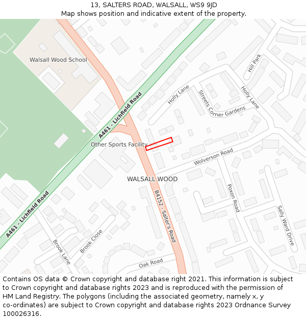 13, SALTERS ROAD, WALSALL, WS9 9JD: Location map and indicative extent of plot