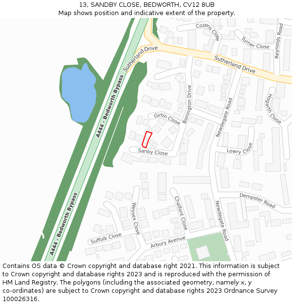 13, SANDBY CLOSE, BEDWORTH, CV12 8UB: Location map and indicative extent of plot