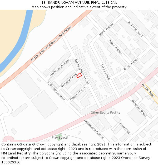 13, SANDRINGHAM AVENUE, RHYL, LL18 1NL: Location map and indicative extent of plot