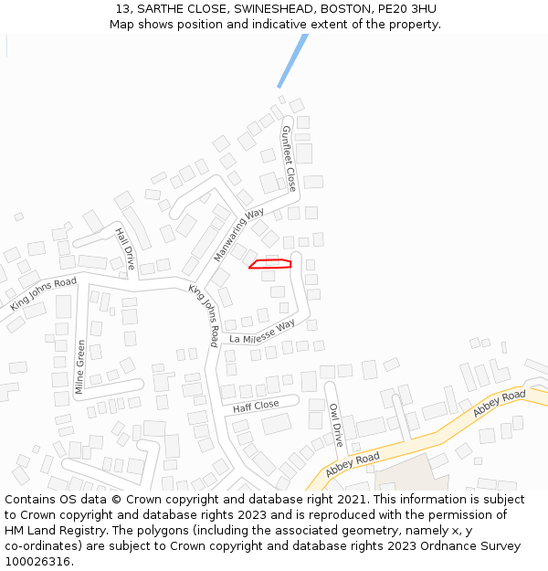 13, SARTHE CLOSE, SWINESHEAD, BOSTON, PE20 3HU: Location map and indicative extent of plot