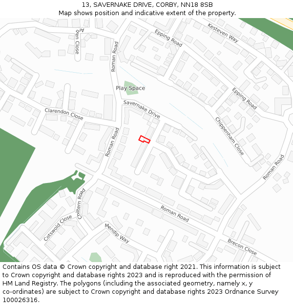 13, SAVERNAKE DRIVE, CORBY, NN18 8SB: Location map and indicative extent of plot