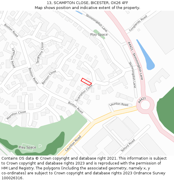 13, SCAMPTON CLOSE, BICESTER, OX26 4FF: Location map and indicative extent of plot