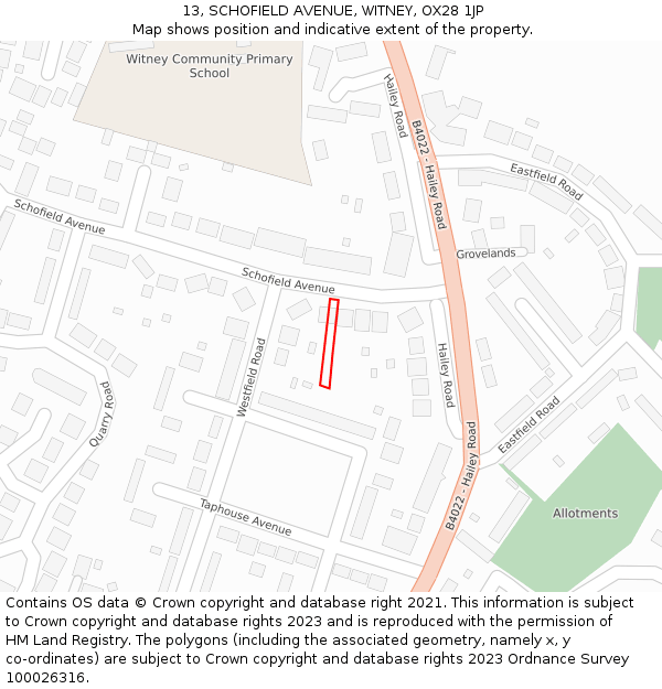 13, SCHOFIELD AVENUE, WITNEY, OX28 1JP: Location map and indicative extent of plot