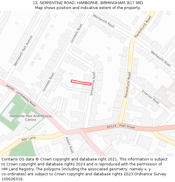 13, SERPENTINE ROAD, HARBORNE, BIRMINGHAM, B17 9RD: Location map and indicative extent of plot