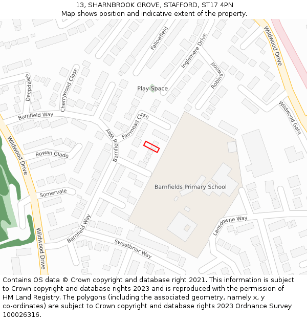 13, SHARNBROOK GROVE, STAFFORD, ST17 4PN: Location map and indicative extent of plot
