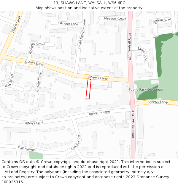 13, SHAWS LANE, WALSALL, WS6 6EG: Location map and indicative extent of plot