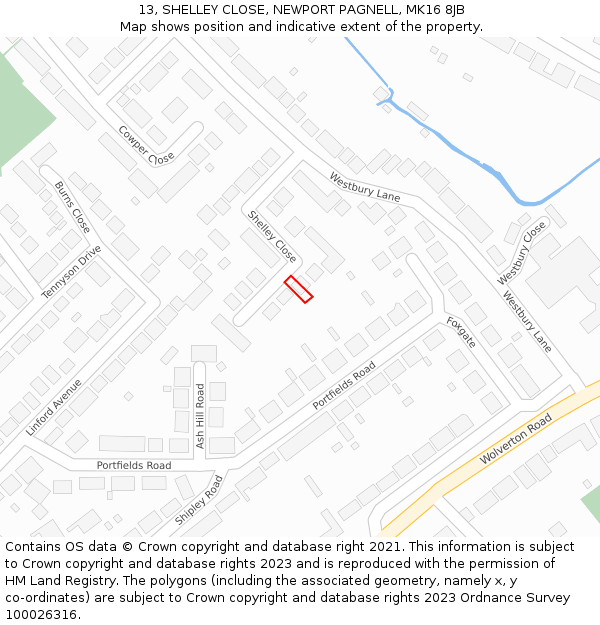 13, SHELLEY CLOSE, NEWPORT PAGNELL, MK16 8JB: Location map and indicative extent of plot