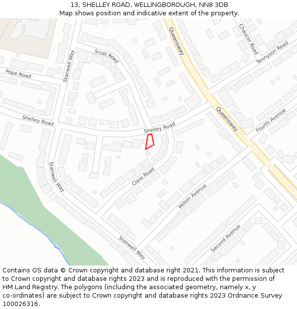 13, SHELLEY ROAD, WELLINGBOROUGH, NN8 3DB: Location map and indicative extent of plot