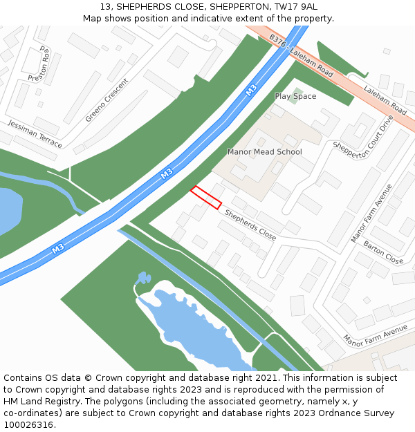 13, SHEPHERDS CLOSE, SHEPPERTON, TW17 9AL: Location map and indicative extent of plot