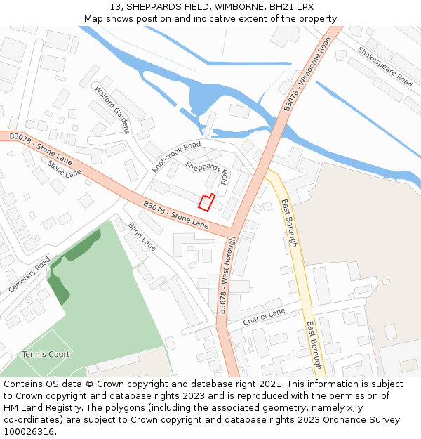 13, SHEPPARDS FIELD, WIMBORNE, BH21 1PX: Location map and indicative extent of plot