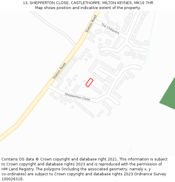 13, SHEPPERTON CLOSE, CASTLETHORPE, MILTON KEYNES, MK19 7HR: Location map and indicative extent of plot