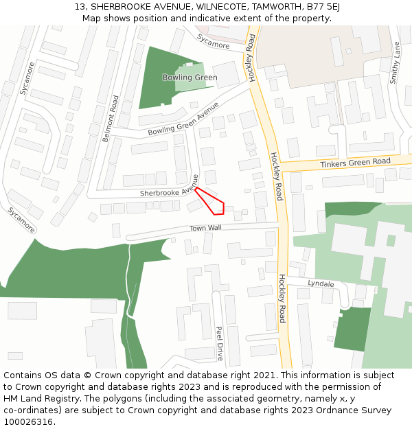 13, SHERBROOKE AVENUE, WILNECOTE, TAMWORTH, B77 5EJ: Location map and indicative extent of plot