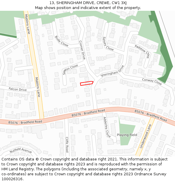 13, SHERINGHAM DRIVE, CREWE, CW1 3XJ: Location map and indicative extent of plot
