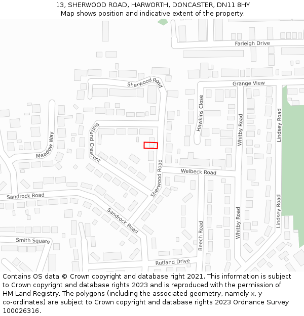 13, SHERWOOD ROAD, HARWORTH, DONCASTER, DN11 8HY: Location map and indicative extent of plot