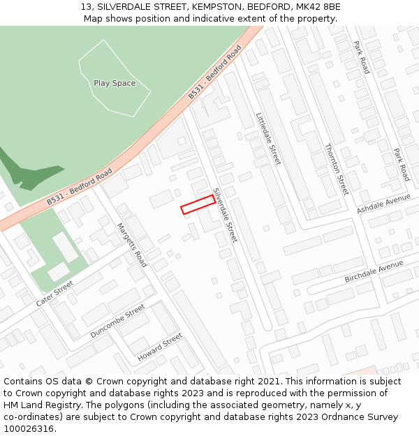 13, SILVERDALE STREET, KEMPSTON, BEDFORD, MK42 8BE: Location map and indicative extent of plot