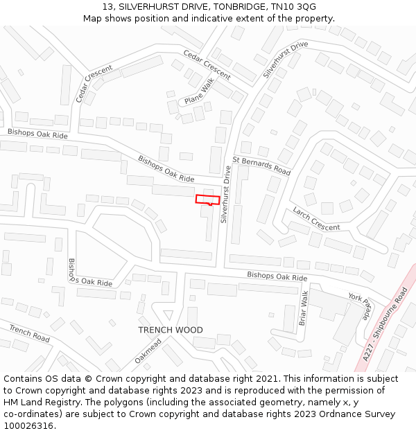 13, SILVERHURST DRIVE, TONBRIDGE, TN10 3QG: Location map and indicative extent of plot