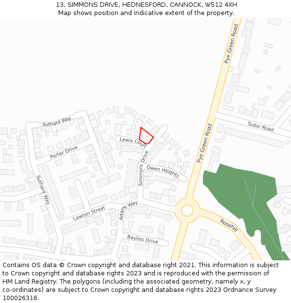 13, SIMMONS DRIVE, HEDNESFORD, CANNOCK, WS12 4XH: Location map and indicative extent of plot