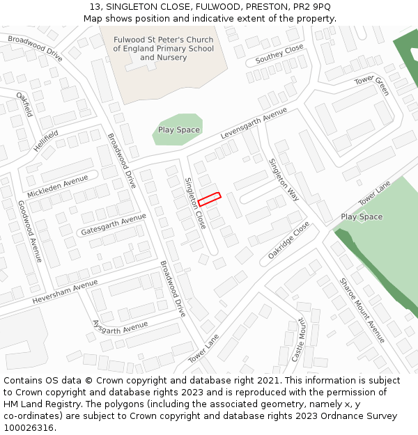 13, SINGLETON CLOSE, FULWOOD, PRESTON, PR2 9PQ: Location map and indicative extent of plot