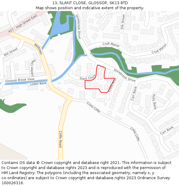 13, SLANT CLOSE, GLOSSOP, SK13 8TD: Location map and indicative extent of plot