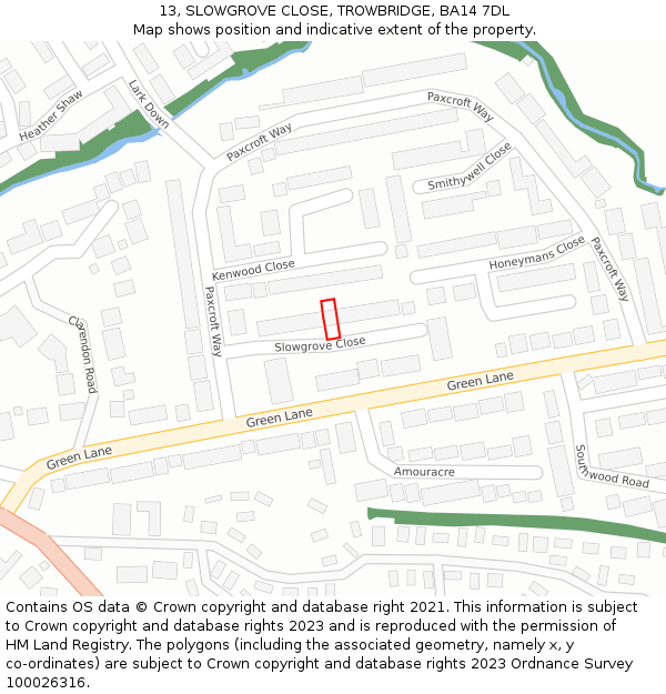 13, SLOWGROVE CLOSE, TROWBRIDGE, BA14 7DL: Location map and indicative extent of plot