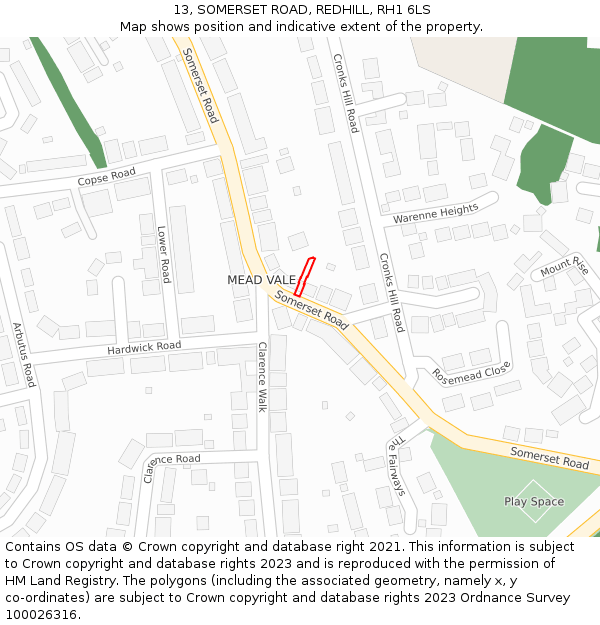 13, SOMERSET ROAD, REDHILL, RH1 6LS: Location map and indicative extent of plot